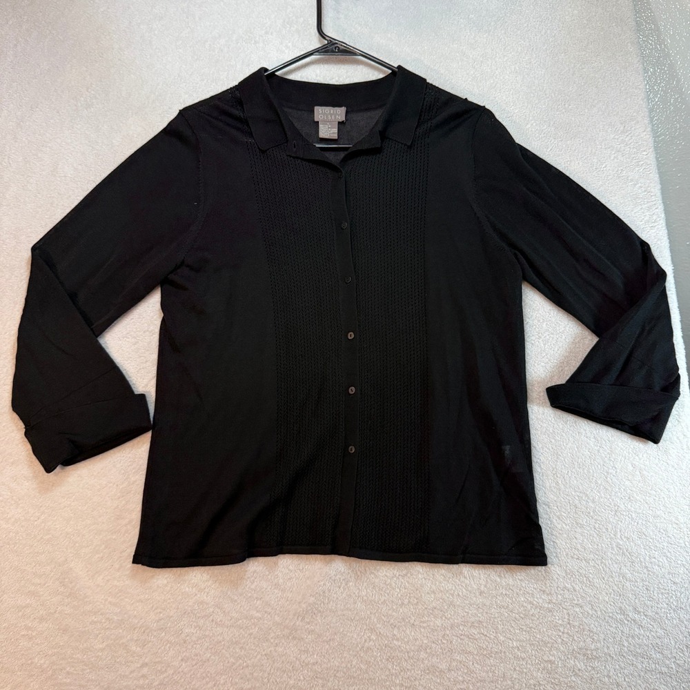 Sigrid Olsen Black Pointelle Knit Button Front Cardigan Top Large